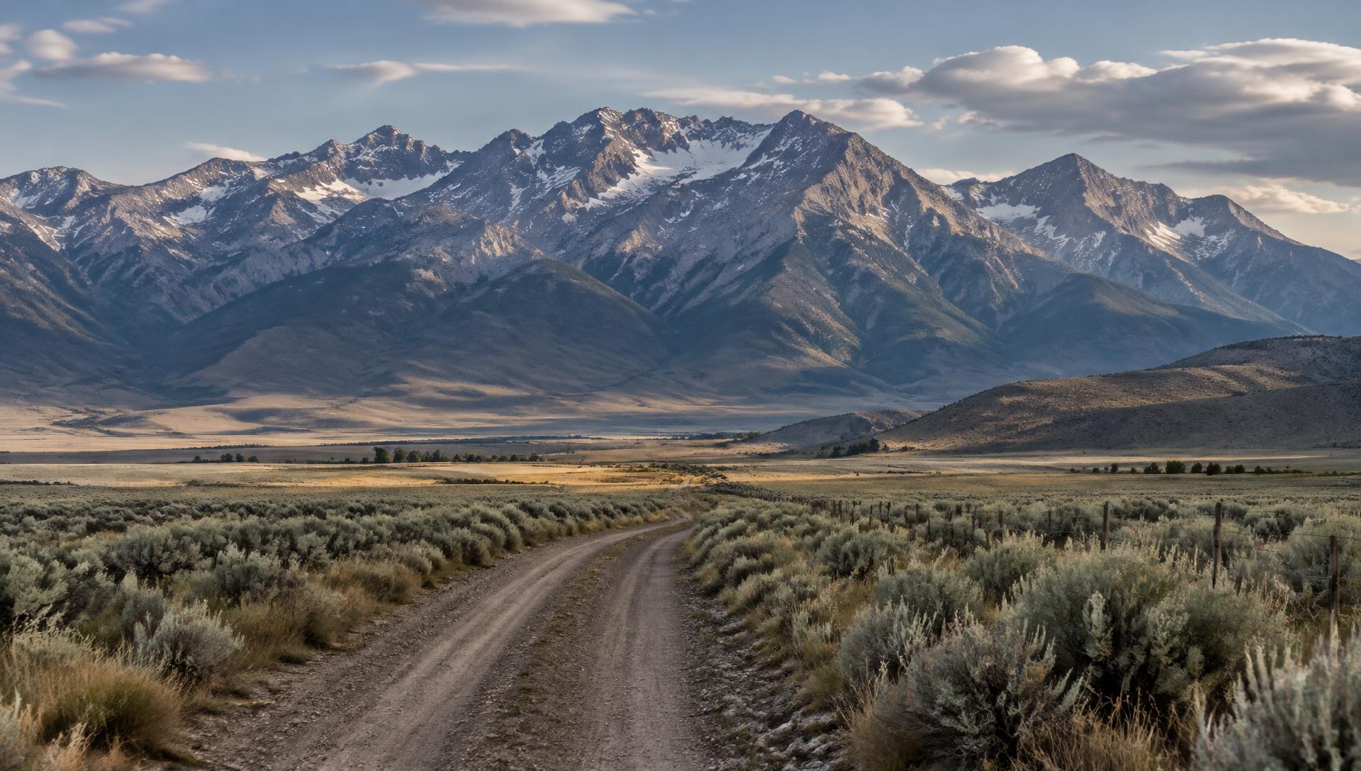 Ranch road crossing a sagebrush valley toward the Ruby Mountains in Northern Nevada