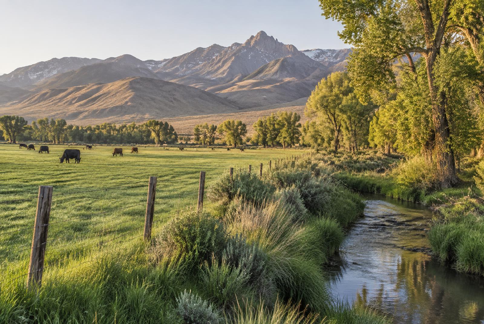 Irrigated hay meadow, fence line and creek on Northern Nevada ranchland