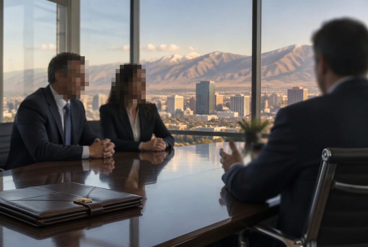 A discreet client meeting: two clients in business suits seated at a conference table with their faces blurred, a closed leather padfolio in the foreground, and a city skyline with mountains beyond a glass wall.
